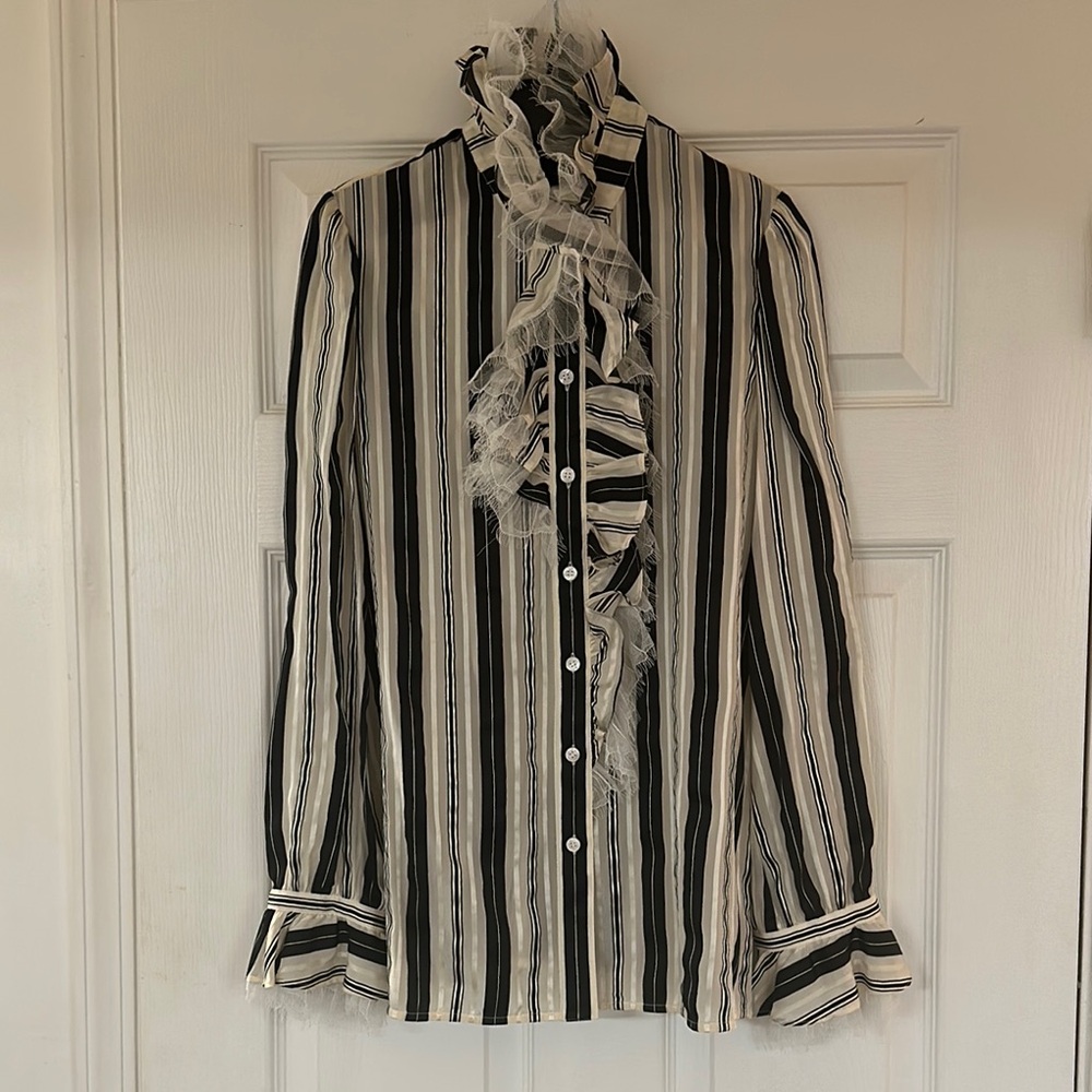 NWT Tory Burch Black and White Striped Bow Blouse